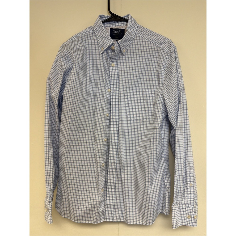 Charles Tyrwhitt Dress Shirt Mens Medium Blue Checkered Slim Fit Non-Iron